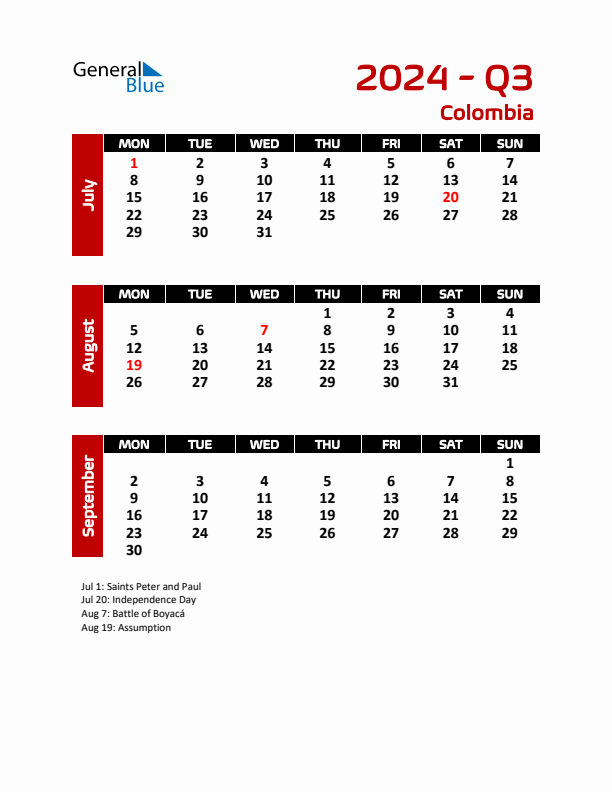 Q3 2024 Monday Start Quarterly Calendar with Colombia Holidays