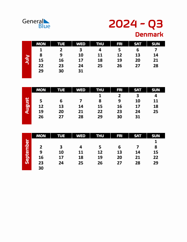 Threemonth calendar for Denmark Q3 of 2024
