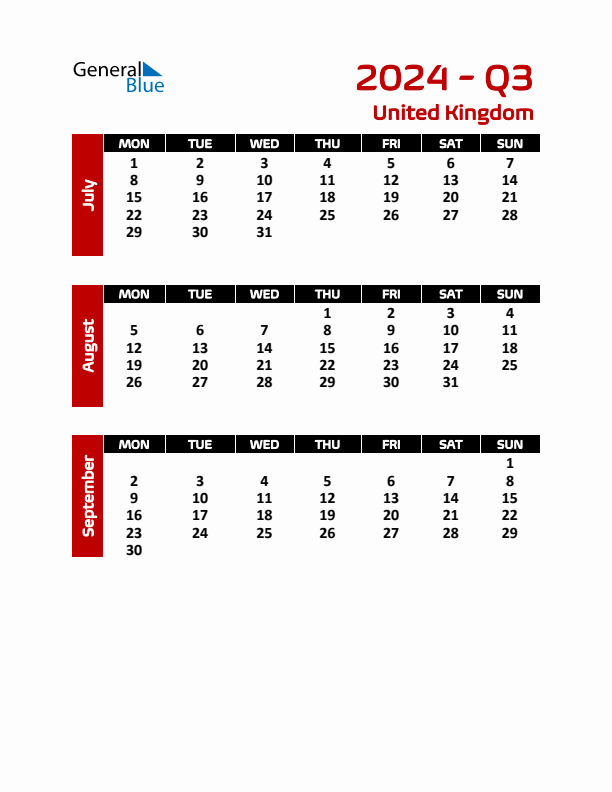 Q3 2024 Monday Start Quarterly Calendar with United Kingdom Holidays