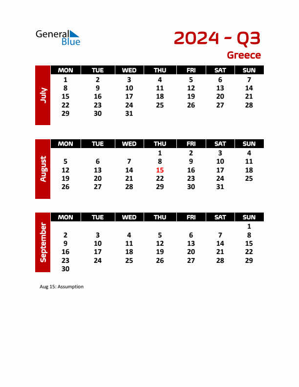 Threemonth calendar for Greece Q3 of 2024