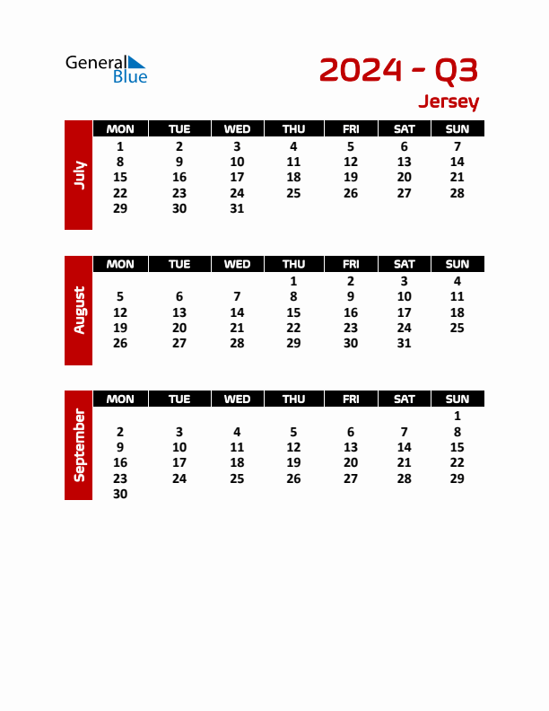 Q3 2024 Monday Start Quarterly Calendar with Jersey Holidays