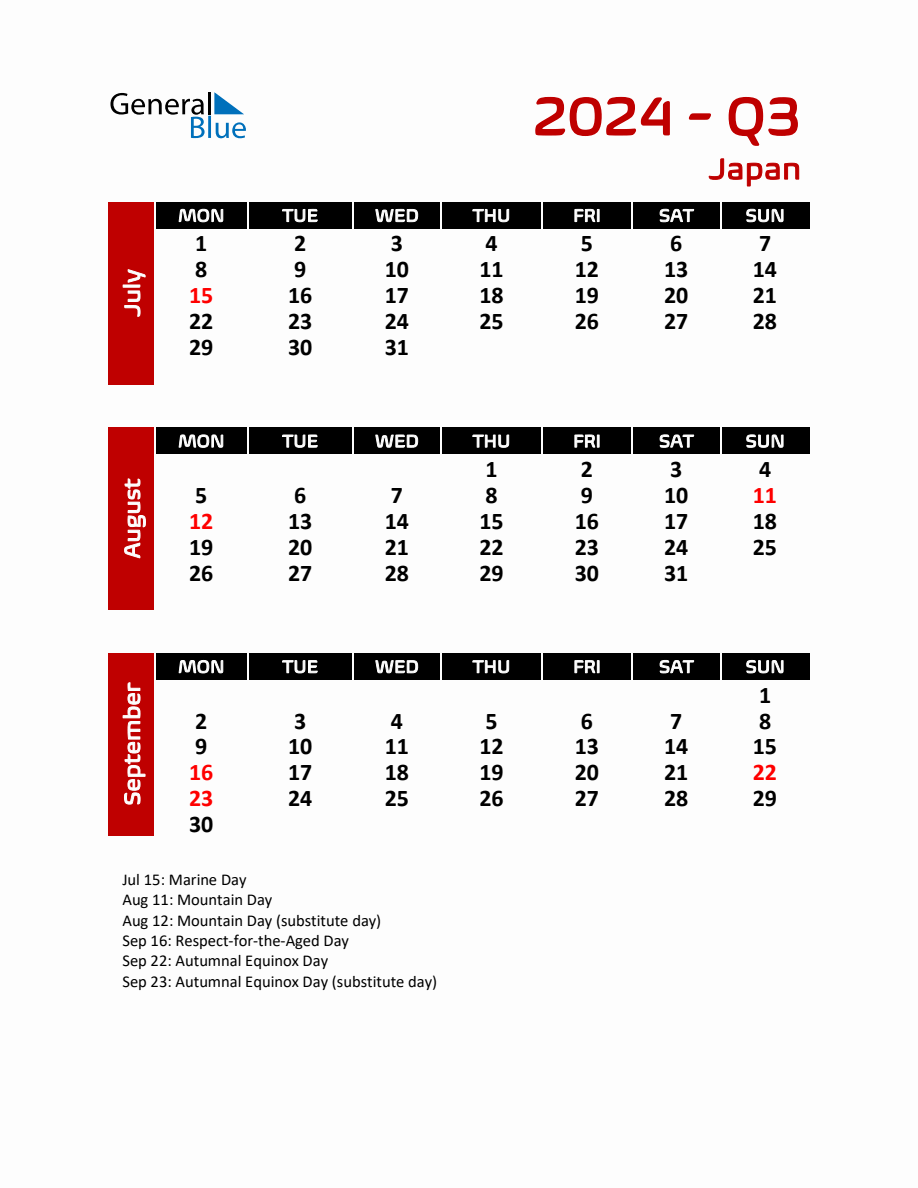 Q3 2024 Calendar with Holidays