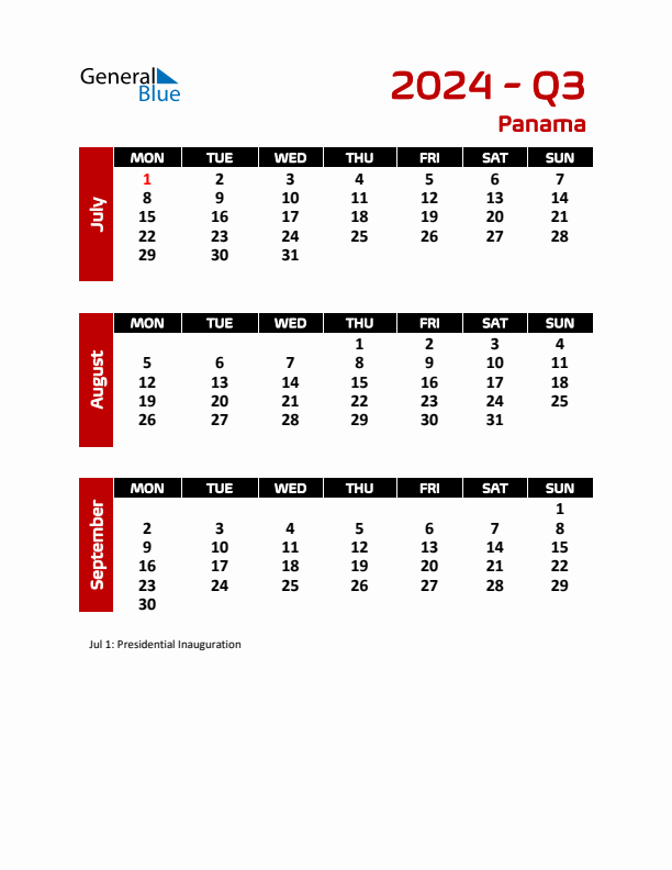 Threemonth calendar for Panama Q3 of 2024