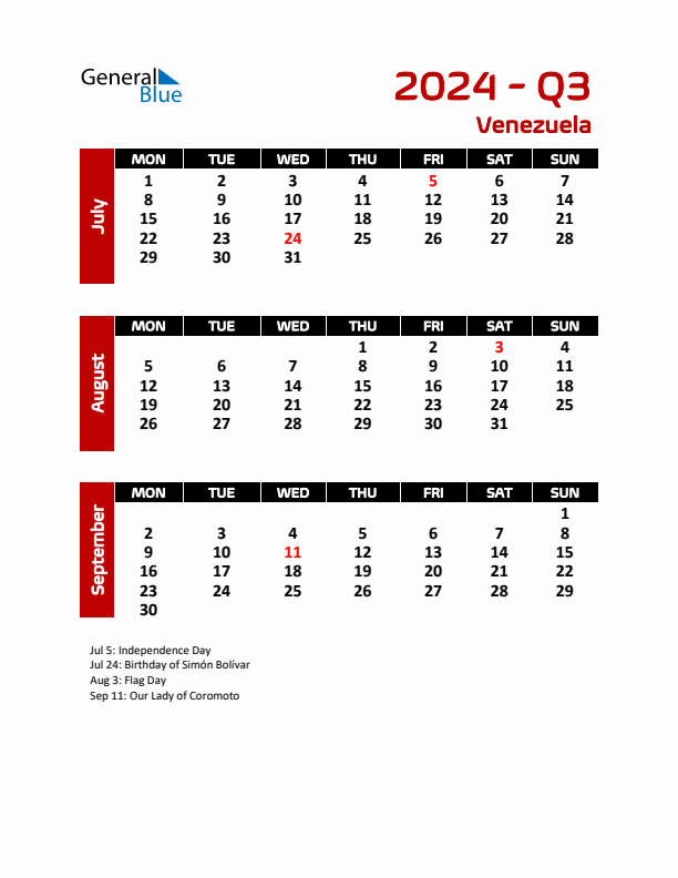 Threemonth calendar for Venezuela Q3 of 2024