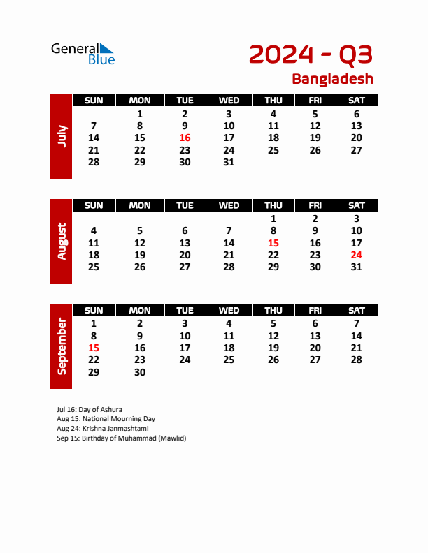 Q3 2024 Quarterly Calendar with Bangladesh Holidays (PDF, Excel, Word)