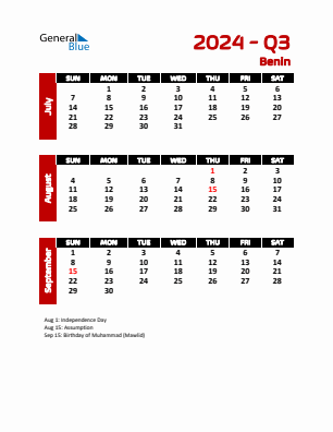 Benin Quarter 3  2024 calendar template