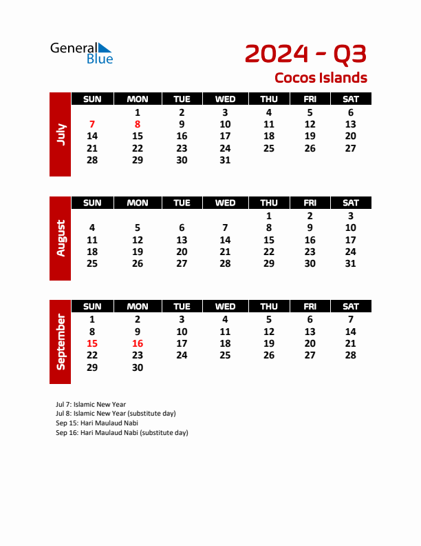 Q3 2024 Quarterly Calendar with Cocos Islands Holidays (PDF, Excel, Word)