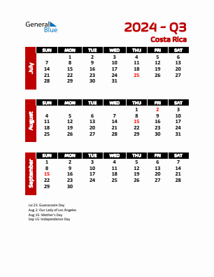 Costa Rica Quarter 3  2024 calendar template