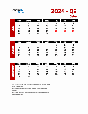 Cuba Quarter 3  2024 calendar template