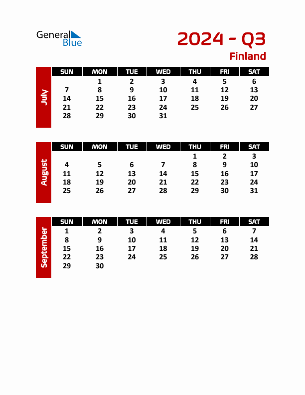 Q3 2024 Quarterly Calendar with Finland Holidays (PDF, Excel, Word)