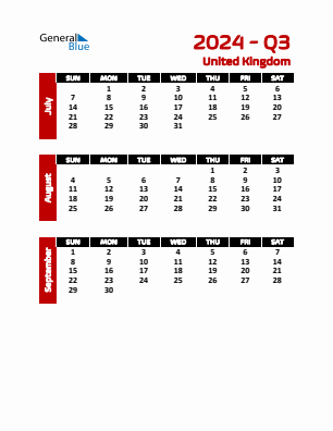 United Kingdom Quarter 3  2024 calendar template