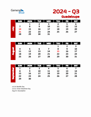 Guadeloupe Quarter 3  2024 calendar template