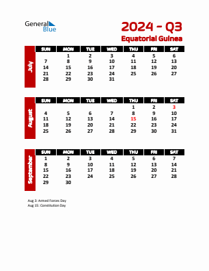Equatorial Guinea Quarter 3  2024 calendar template