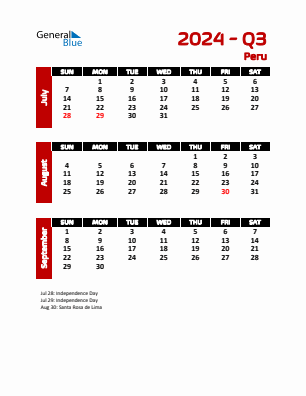 Peru Quarter 3  2024 calendar template