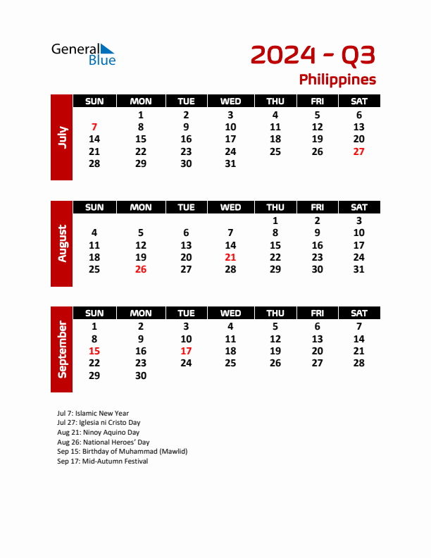 Q3 2024 Quarterly Calendar with Philippines Holidays (PDF, Excel, Word)