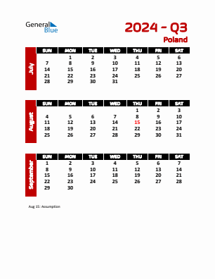 Poland Quarter 3  2024 calendar template