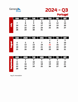 Portugal Quarter 3  2024 calendar template