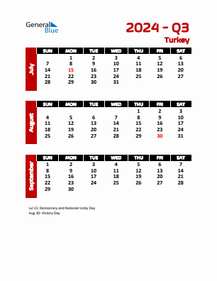 Turkey Quarter 3  2024 calendar template