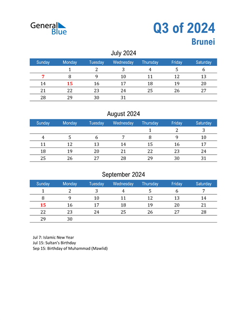 Q3 2024 Quarterly Calendar with Brunei Holidays