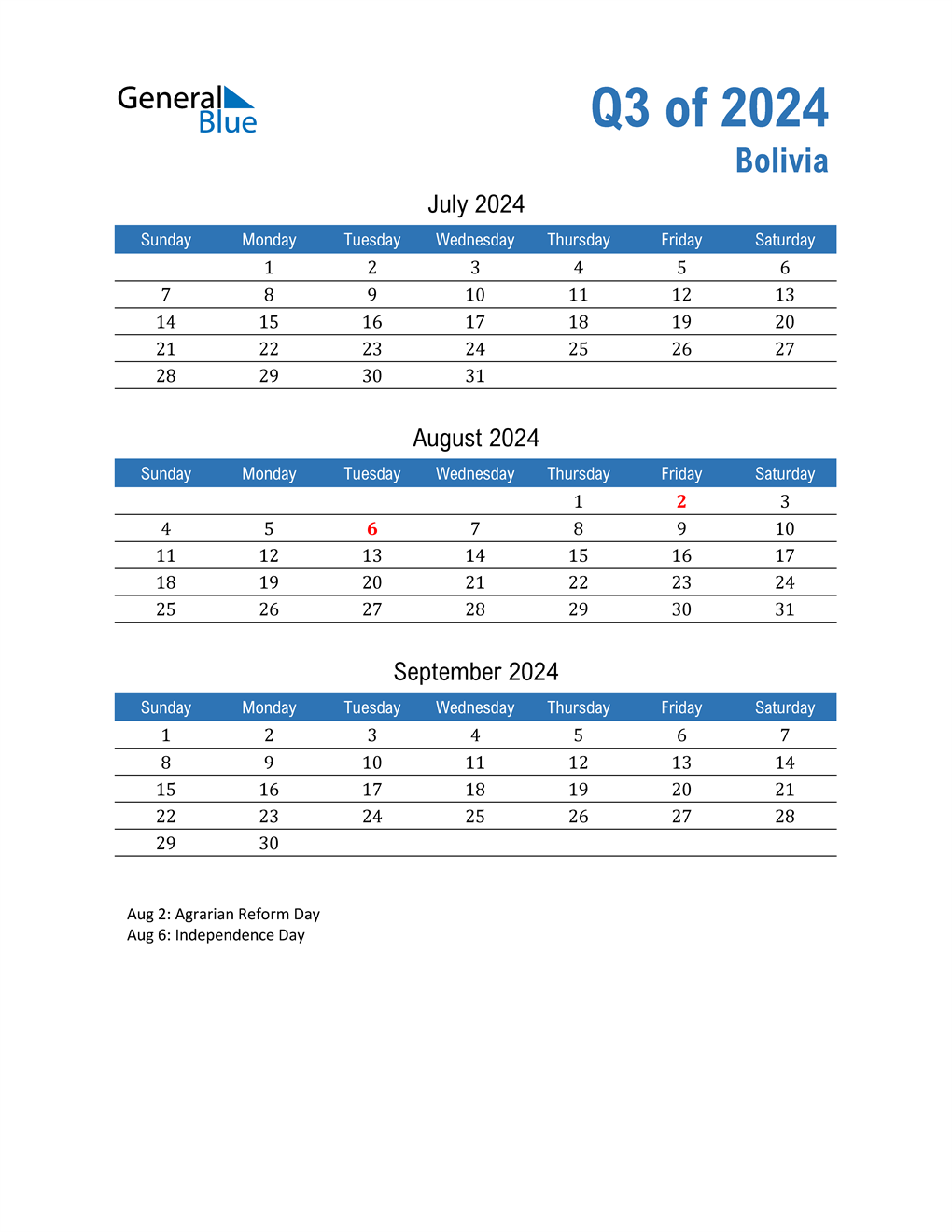  Bolivia 2024 Quarterly Calendar 