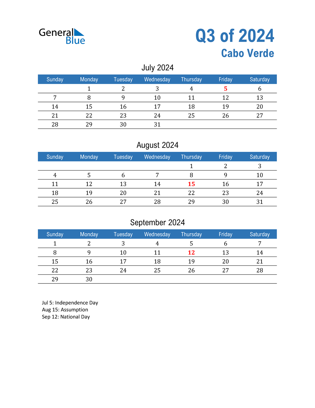  Cabo Verde 2024 Quarterly Calendar 
