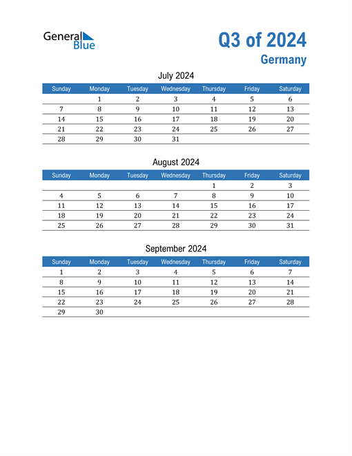 Q3 2024 Quarterly Calendar with Germany Holidays
