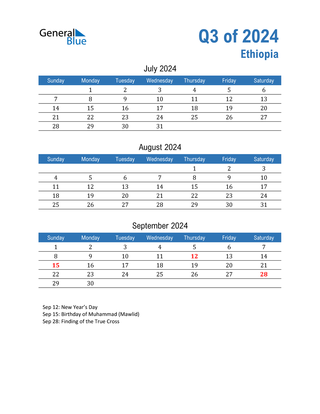  Ethiopia 2024 Quarterly Calendar 