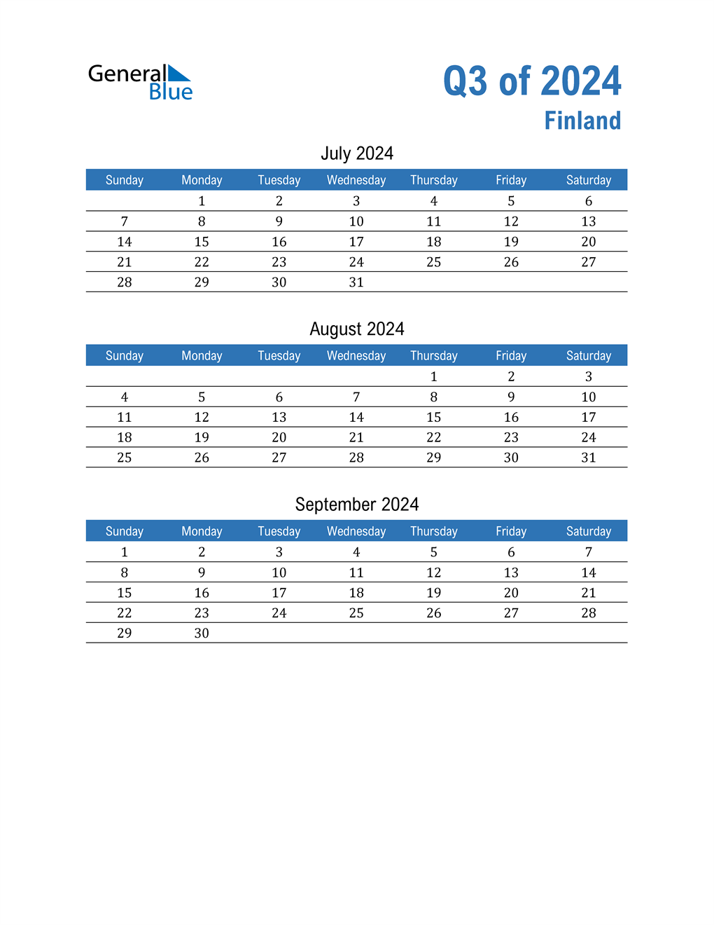  Finland 2024 Quarterly Calendar 