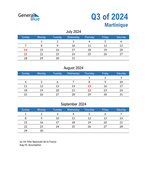  Martinique 2024 Quarterly Calendar 