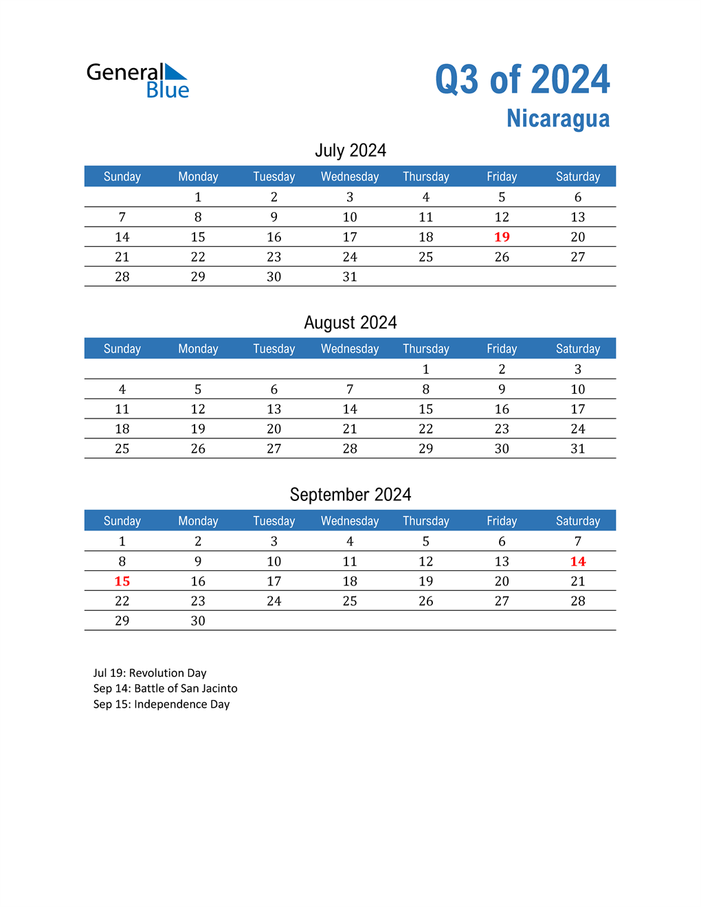  Nicaragua 2024 Quarterly Calendar 