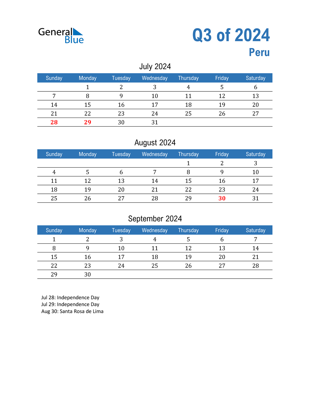  Peru 2024 Quarterly Calendar 