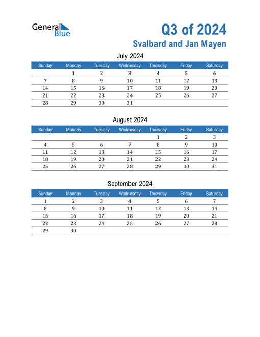 Q3 2024 Quarterly Calendar for Svalbard and Jan Mayen