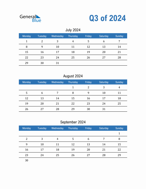 Blank Fillable Quarterly Calendar for Q3 2024 (PDF, Word, Excel)