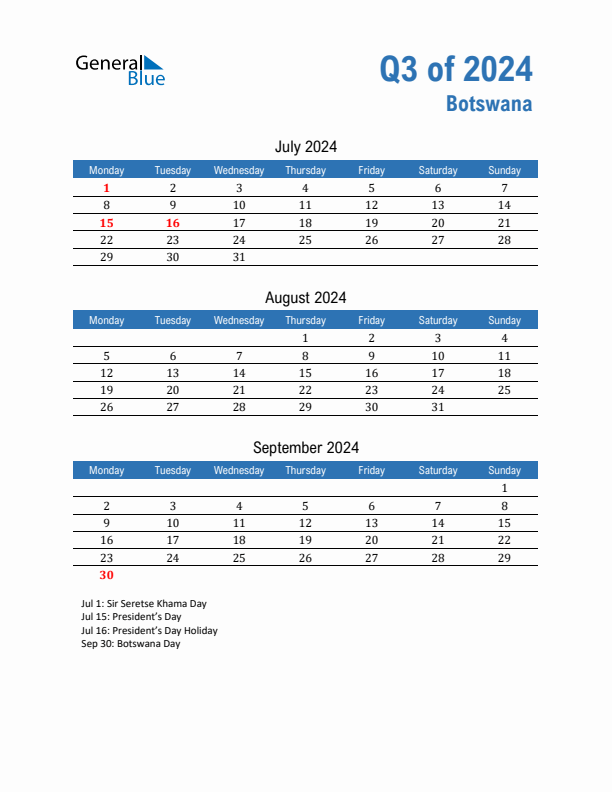 Botswana 2024 Quarterly Calendar with Monday Start
