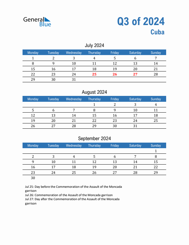 Cuba 2024 Quarterly Calendar with Monday Start