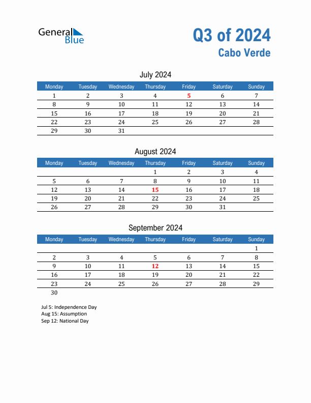Cabo Verde 2024 Quarterly Calendar with Monday Start