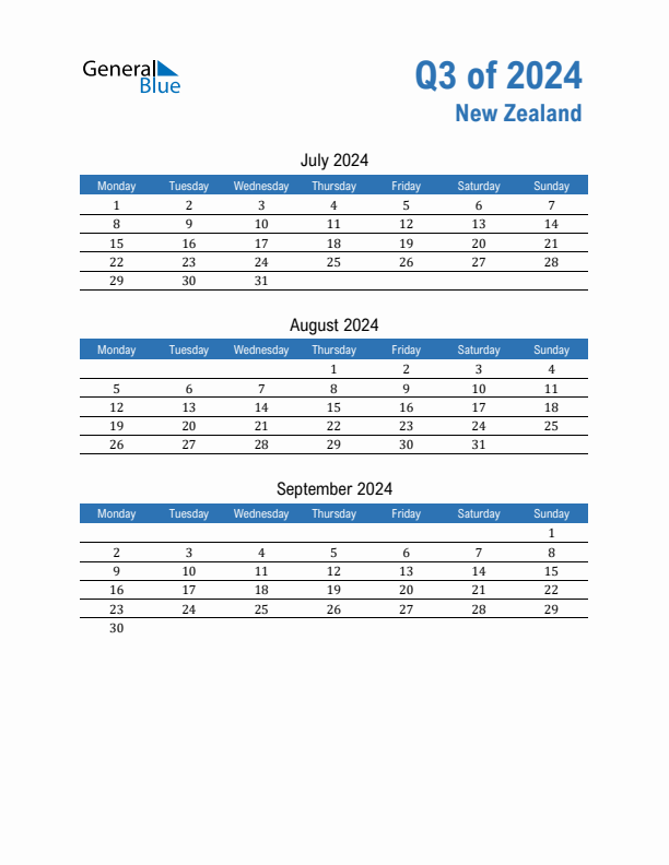 New Zealand 2024 Quarterly Calendar with Monday Start