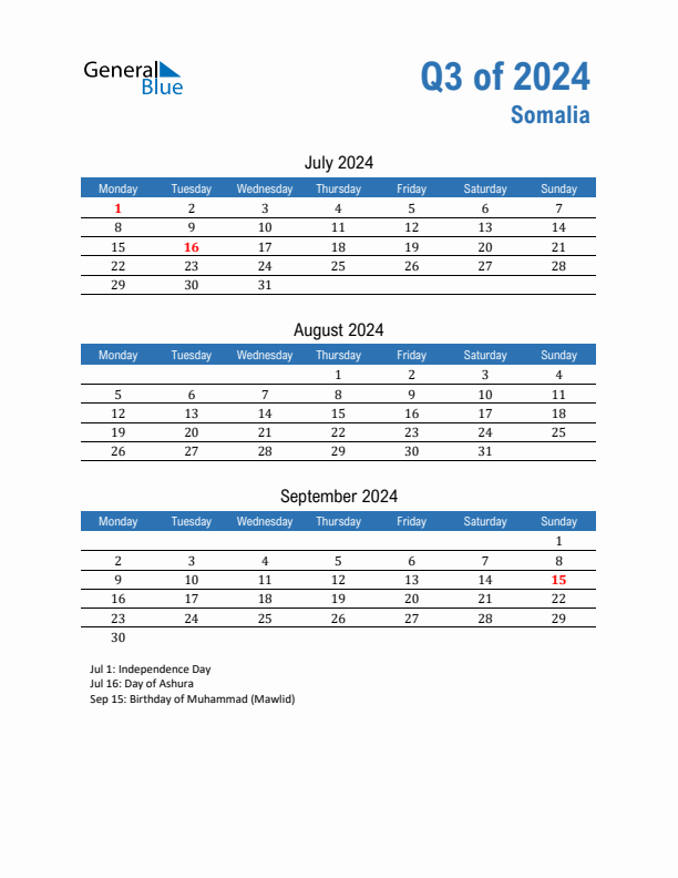 Somalia 2024 Quarterly Calendar with Monday Start