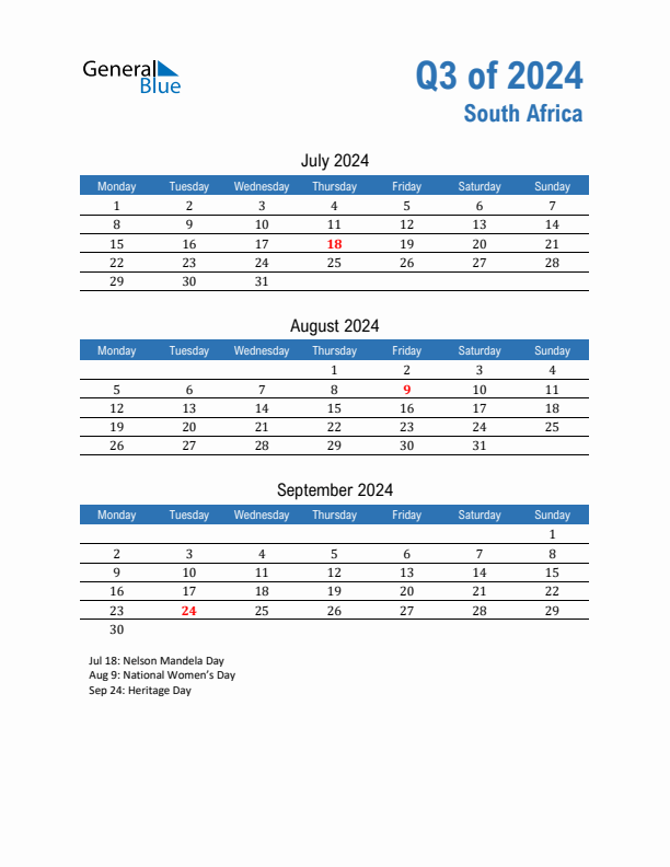South Africa 2024 Quarterly Calendar with Monday Start