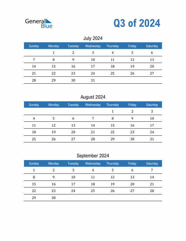 Fillable Quarterly Calendar for Q3 2024