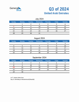 United Arab Emirates Quarter 3  2024 calendar template