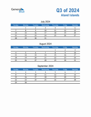 Aland Islands Quarter 3  2024 calendar template
