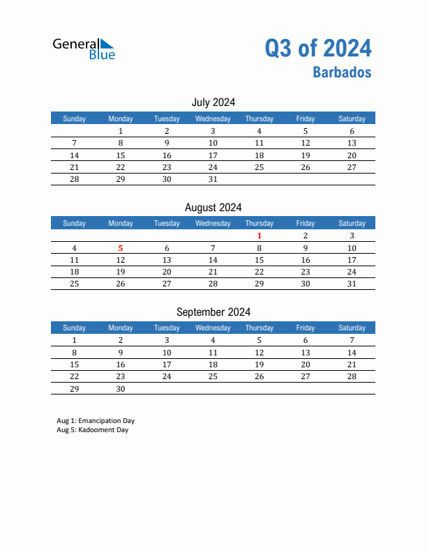 Q3 2024 Quarterly Calendar with Barbados Holidays (PDF, Excel, Word)