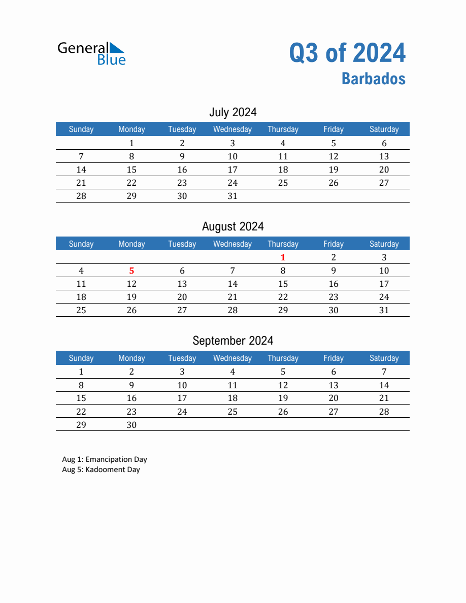 Barbados 2024 Quarterly Calendar with Sunday Start