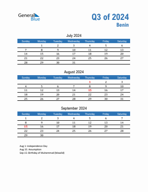 Benin Quarter 3  2024 calendar template