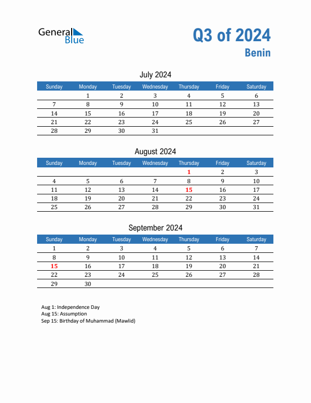 Benin 2024 Quarterly Calendar with Sunday Start