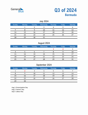 Bermuda Quarter 3  2024 calendar template