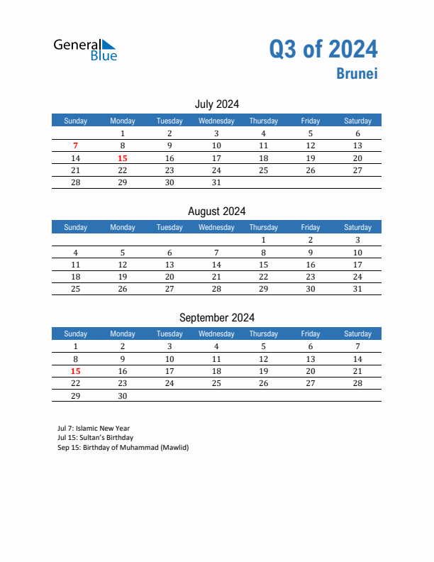 Q3 2024 Quarterly Calendar with Brunei Holidays (PDF, Excel, Word)