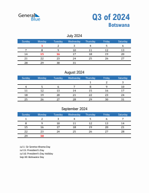 Botswana Quarter 3  2024 calendar template