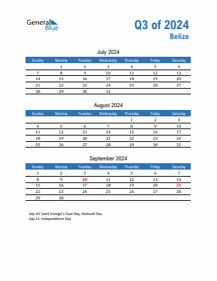 Belize Quarter 3  2024 calendar template